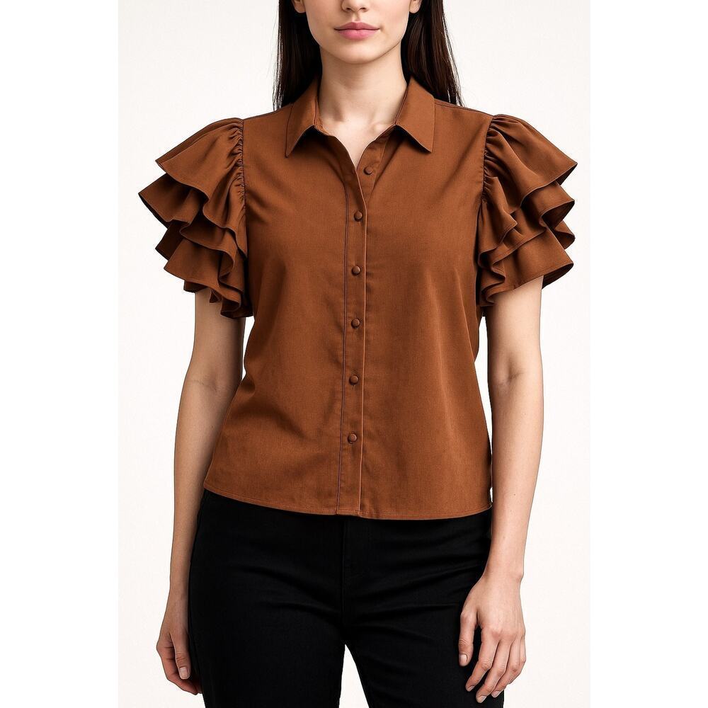 Marc New York Ruffle Sleeve Button Front Blouse Brown Size L